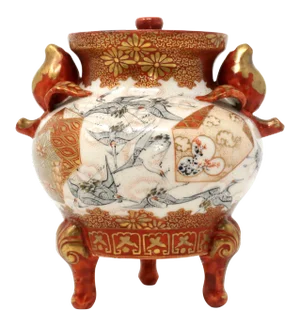 Antique Kutani Incense Burner With Good Luck Cranes