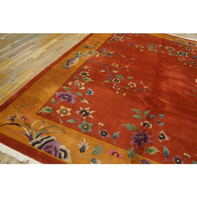 1920s 1920s Orange Pumpkin Floral Antique Chinese Art Deco Carpet 9' X 11' 6" Knotted Wool Rug For Sale - Image 5 of 12