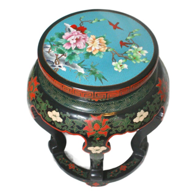 1970s Vintage Chinese Ebonized Cloisonne Top Garden Seat For Sale