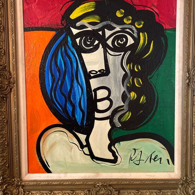 Wood 1960s Cubic Abstract Face Portrait Painting by Peter Keil, Framed For Sale - Image 7 of 12