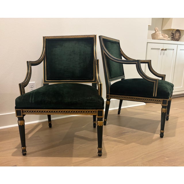 This vintage pair of square back fauteuils were inspired by Directoire and Louis XVI seating. They have square backs,...