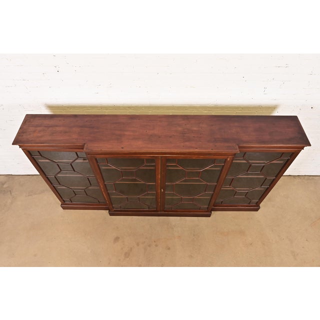 Wood Antique Georgian Carved Mahogany Breakfront Bookcase Cabinet, Circa 1900 For Sale - Image 7 of 10