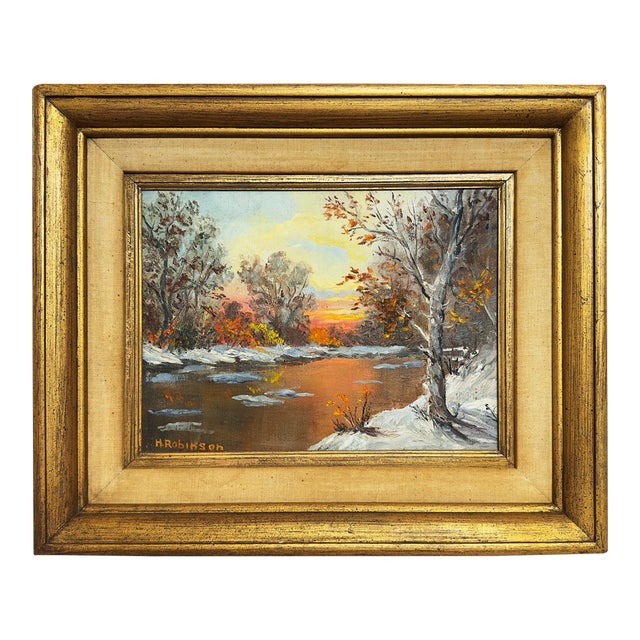 Vintage Original Oil Painting H. Robinson Winter Sunset Landscape Signed Framed For Sale