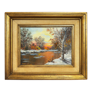 Vintage Original Oil Painting H. Robinson Winter Sunset Landscape Signed Framed