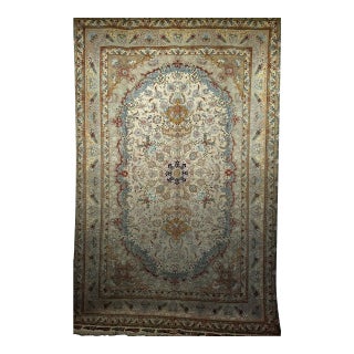 Vintage Persian Tabriz Rug, Finely Hand-Knotted Wool & Silk, Floral Pattern, Ivory & Blue, 7x10 For Sale