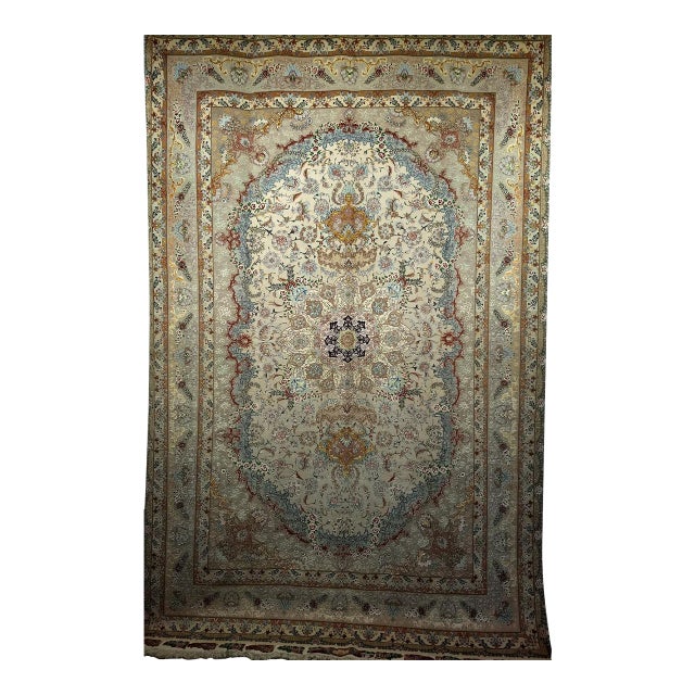 Vintage Tabriz Rug, Finely Hand-Knotted Wool & Silk, Floral Pattern, Ivory & Blue, 7x10 For Sale