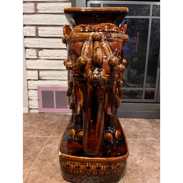 Art Deco Vintage Brown Glazed Ceramic Elephant Garden Stool or Side Table (Single) For Sale - Image 3 of 12