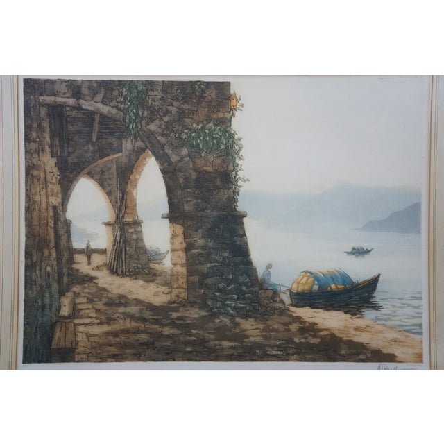 Antique French Paul Prud'homme Signed Coastal Stone Arch Lake Boat Etching 32" For Sale - Image 4 of 13