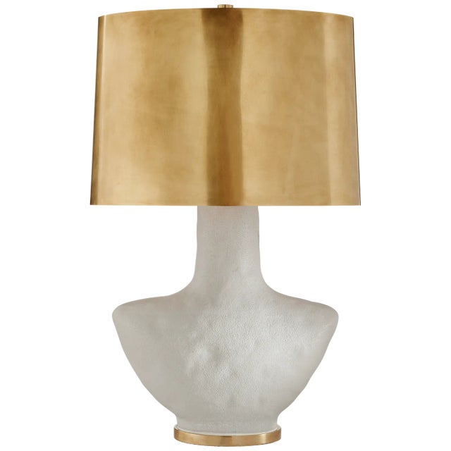 Kelly Wearstler for Visual Comfort Signature Armato Small Table Lamp in Porous White Ceramic with Oval Antique-Burnished Brass Shade For Sale