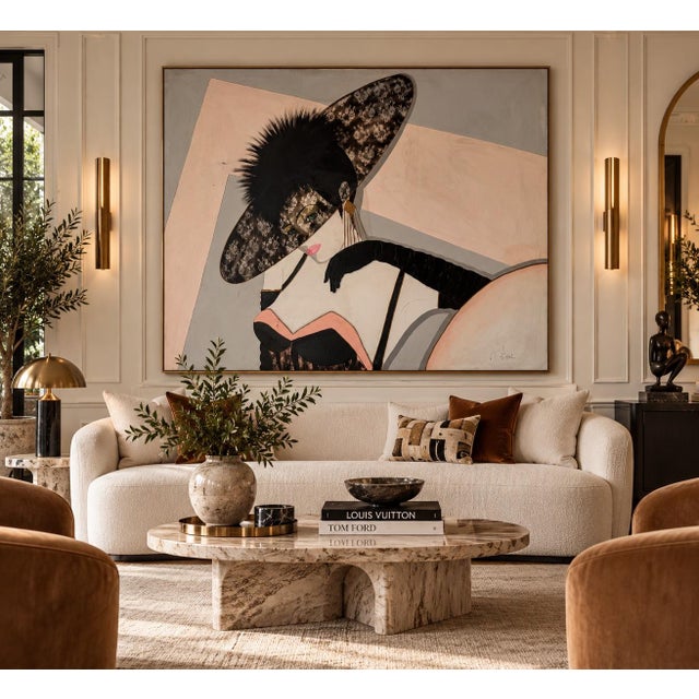 Striking large-scale 1980s vintage acrylic on canvas painting featuring an elegant woman in a dramatic oversized lace-...