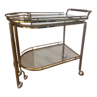 Double Sided 3 Tiered Vintage Rolling Brass/Glass Bar Cart, a Hollywood Regency Classic With Swivel Top and Secure Lock For Sale
