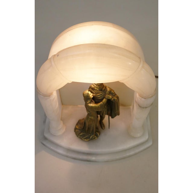 Alabaster 1920s Rare French Art Nouveau J. B. Hirsch Carved Alabaster Marble Bronze Table Lamp For Sale - Image 8 of 13