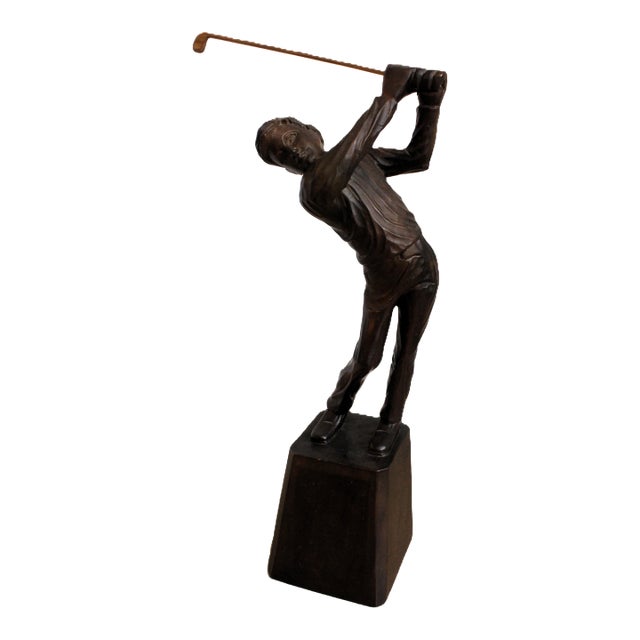 Carved Swinging Golfer Statue on Plith Base For Sale