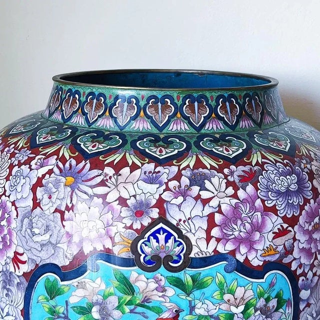 Early 20th Century Large Japanese Cloisonne Jardiniere Depicting Birds and Flowers, a Pair Tai-sho era (1900-1920) Large...