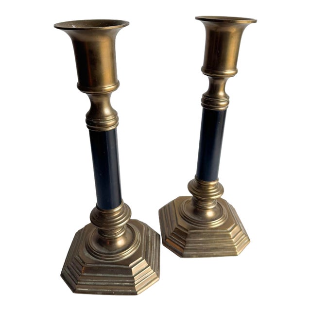 Vintage Brass Candlesticks With Black Columns – Pair For Sale