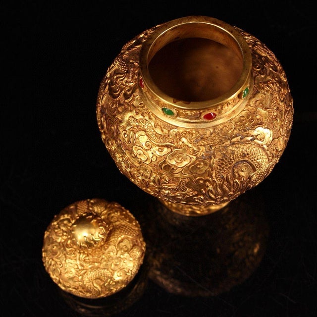 Early 20th Century Ornate Chinese Gilt Bronze Repoussé Dragon Jar With Ruby & Emerald Accents and Cover ("Qianlong" Style) For Sale - Image 4 of 9