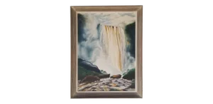 Vintage R. Barker Waterfall Landscape Oil Painting , Framed