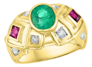 Oval Emerald , Pink Tourmaline Diamond Ring 18 Karat Yellow Gold, Size 6.5