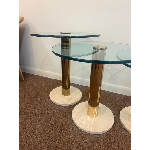 Postmodern Vintage Set of Three Glass Travertine Tiered Postmodern Side Tables For Sale - Image 3 of 9