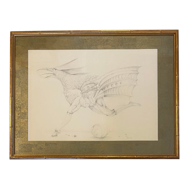 French Surrealist Graphite Drawing Hybrid Creature Dated 1974 Attrib. Antoine Duc For Sale
