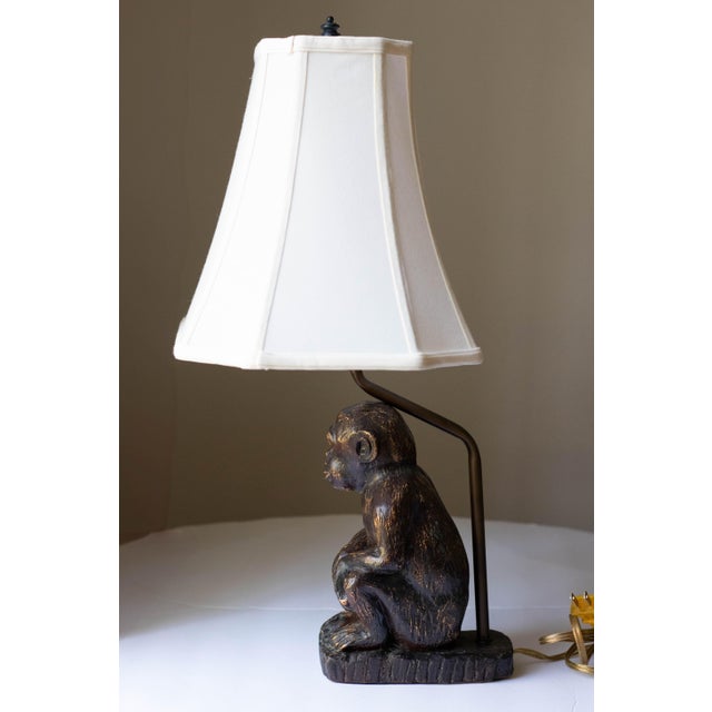 Vintage Mid Century Monkey Figural Table Lamp – Whimsical Animal Lighting – Bell Shade For Sale - Image 4 of 9