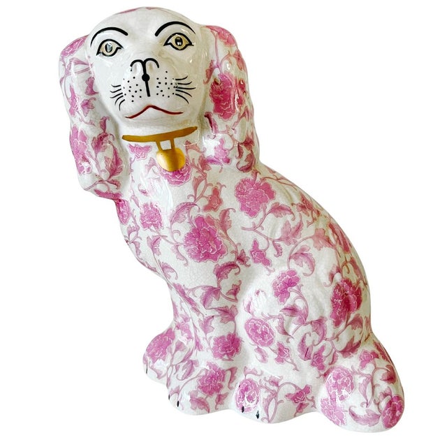 2020s Pink Floral Petite Staffordshire Style Spaniel Dog Figurines - A Pair For Sale - Image 5 of 8