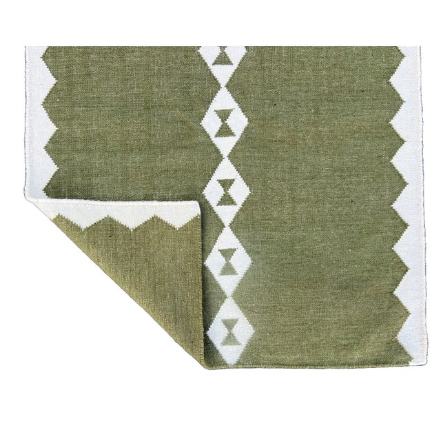 Handmade New Zealand Wool Dhurrie Runner, Olive Green and Cream Geometric Runner Rug- 3'x8' For Sale - Image 12 of 13