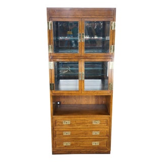 1980s Henredon Scene One Oak Campaign Curio Display Cabinet Library Bookcase 84" For Sale