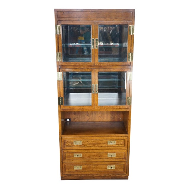 1980s Henredon Scene One Oak Campaign Curio Display Cabinet Library Bookcase 84" For Sale