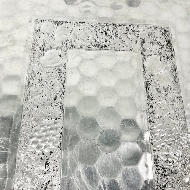 Metal 1950s Vintage Boho Chic Arts & Crafts Hand Wrought Etched Aluminum Serving Tray For Sale - Image 7 of 13
