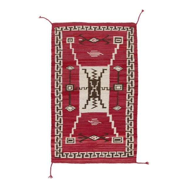 Modern Navajo Style Wool Area Rug – Red, Cream, and Espresso Geometric For Sale