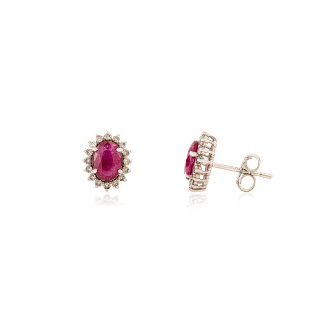 Natural 1.45 Carat Ruby Solitaire Halo Diamond Stud Earrings in 18k Solid Gold- 2 Pieces For Sale In New York - Image 6 of 11