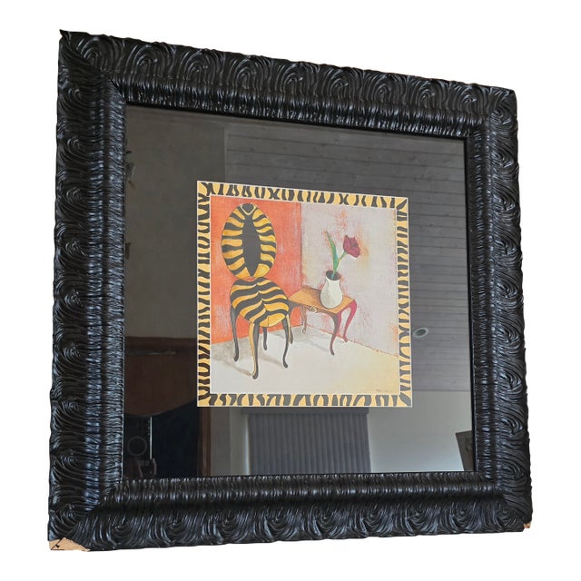 Vintage Signed Zebra Chair Framed Artwork in Oversized Black Carved Frame For Sale