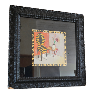 Vintage Signed Zebra Chair Framed Artwork in Oversized Black Carved Frame