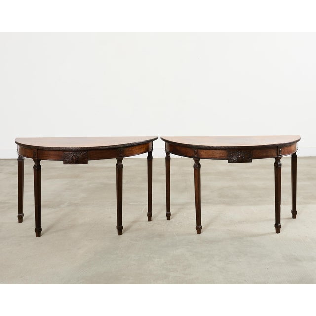Neoclassical Pair of Italian Neoclassical Walnut Apollo Sunburst Demilunes For Sale - Image 3 of 18