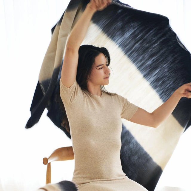 Ink Black White Ombre Textured Throw in Hand Spun Merino and Hand Stitched Hem For Sale - Image 9 of 9