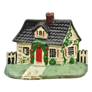 Antique Victorian Cast Iron Figural Traditional Cottage House Painted Door Stop For Sale