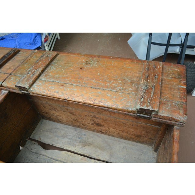 Antique European Rustic Wood Pine Trunk / Blanket Box W/ Double Lift Up Lids For Sale - Image 6 of 17