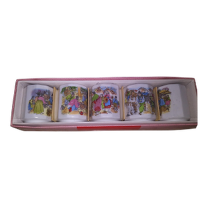 1980s Korean Dangdang Folkcraft Ceramic Wine Saki Cups with Ancient Korean Scenes- Set of 5