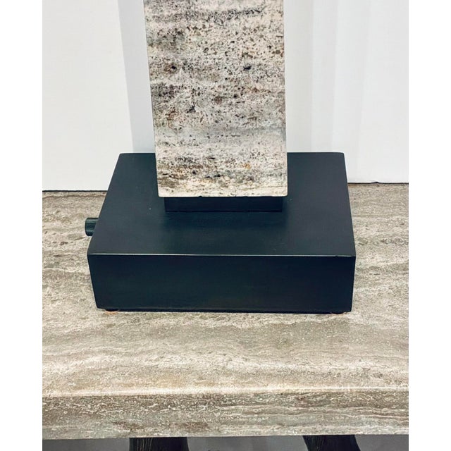 Original retail $2052, stylish Revelation Modern Travertine Spire Buffet Lamps Pair, bonze bases, light linen shades,...