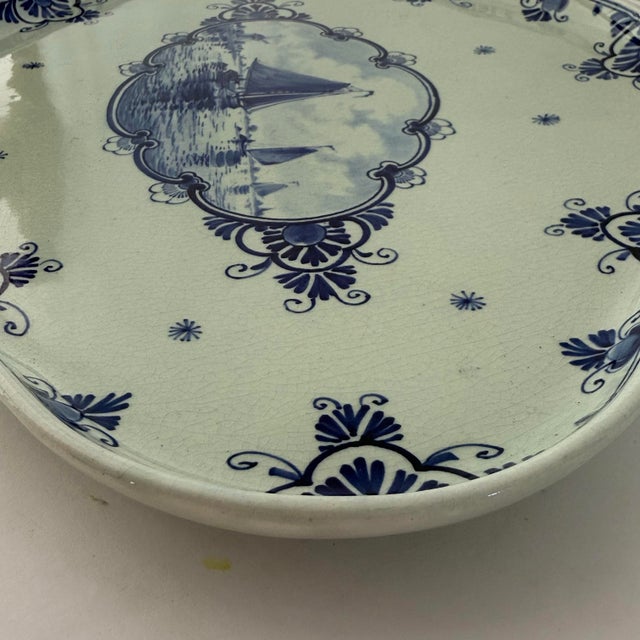 Royal Delft 1949 Royal Delft De Porceleyne Fles Hand-Painted Delft Blue Maritime Platter For Sale - Image 4 of 8