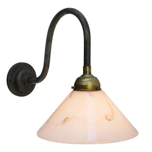 Cast Iron Wall Sconce with White Marble Effect Glass Shade For Sale - Image 5 of 8