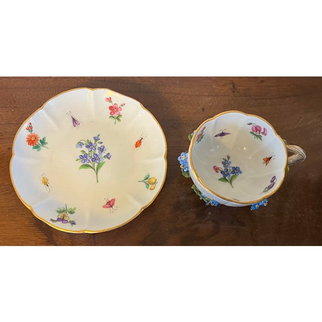 Meissen Porcelain Antique Meissen Porcelain Tea Cup and Saucer With Applied Flowers and Hand Painted Insects For Sale - Image 4 of 15