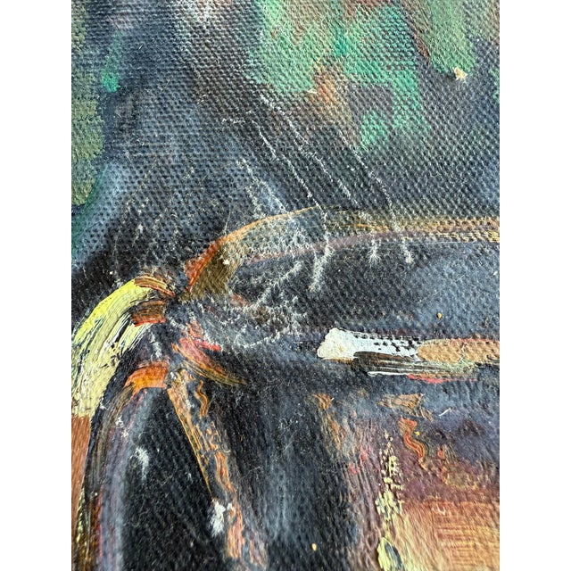 Vintage MCM Still Life Oil Painting on Canvas Unframed Signed Grapes Apple Pomegranate Pitcher Glass For Sale - Image 4 of 5