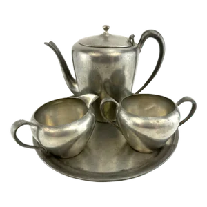 Vintage Early 20th Century Pewter Coffee / Tea Service With Creamer, Sugar and Tray- 4 Pieces