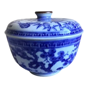 Vintage Chinese Blue White Bamboo Landscape Porcelain Covered Lidded Ginger Jar