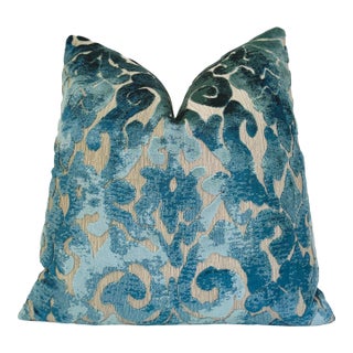 Blue Brocade 20x20 Velvet Throw Pillow With Feather Down Insert For Sale