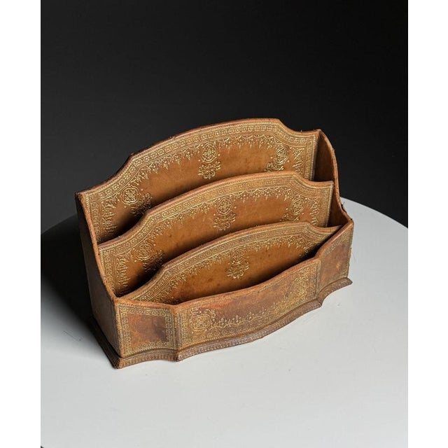 Leather desk organizer/letter holder from the 20th century. Some signs of wear consistent with age. Dimensions: 22H x 32W...