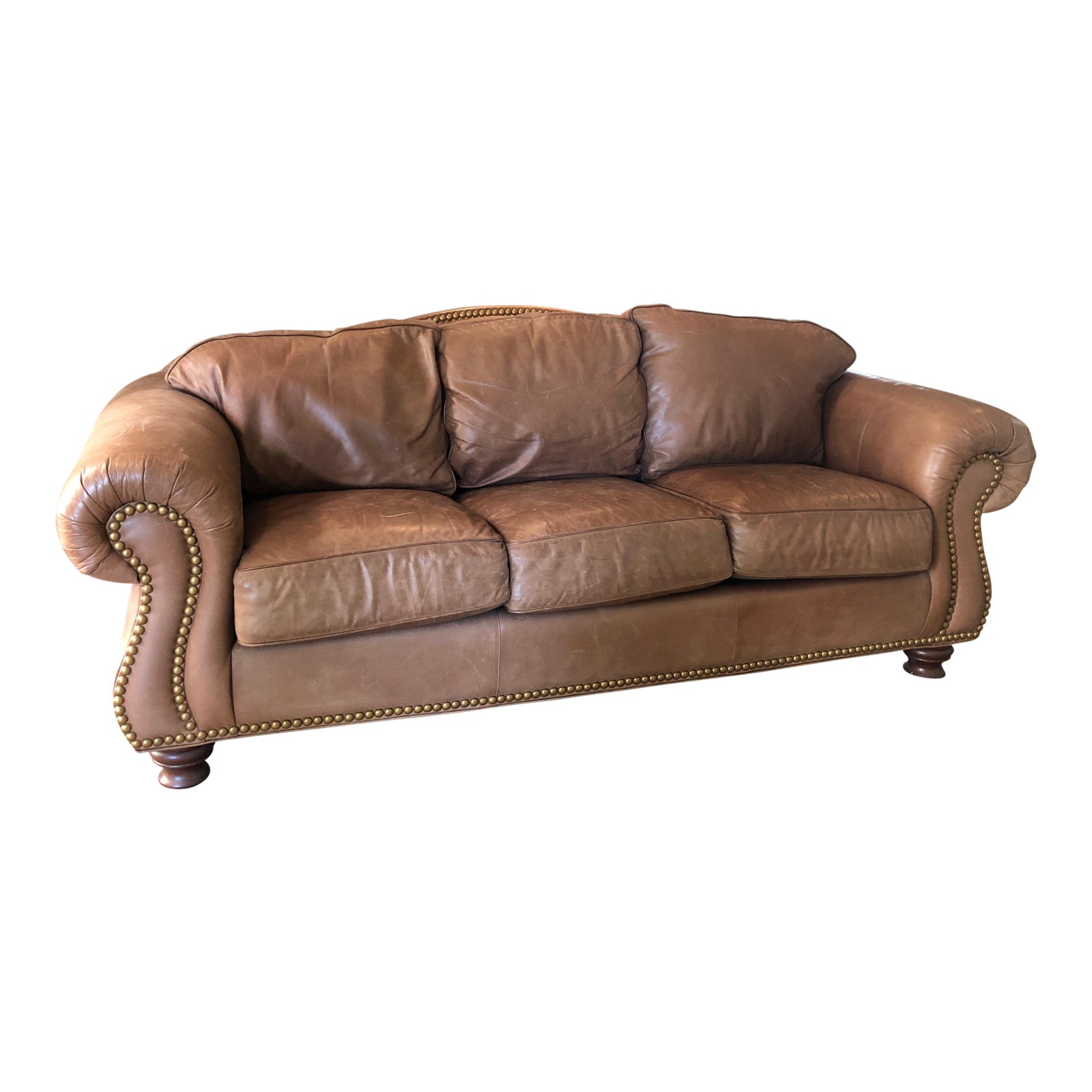 Drexel Heritage Rustic Brown Leather Couch With Brass Nailhead Trim