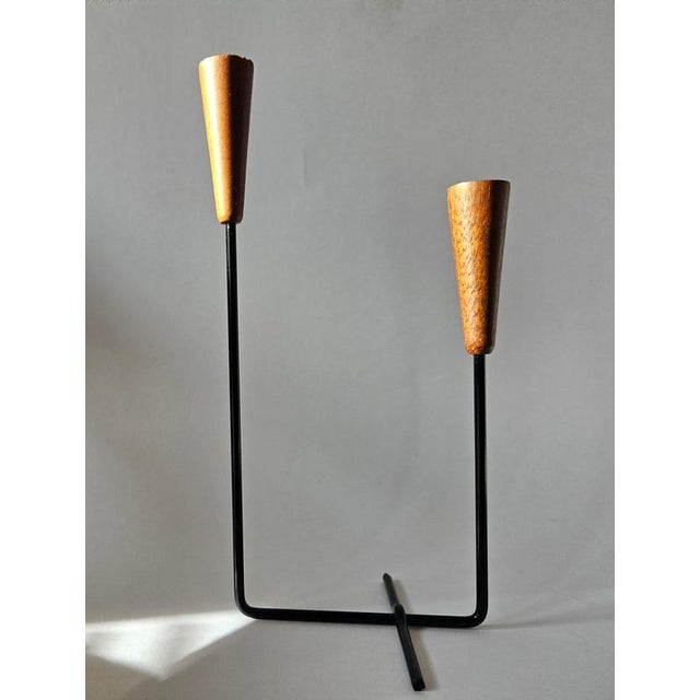 Mid-Century Teak and Metal Candleholder, 1960s, in Very Good conditions. Designed 1960 to 1969